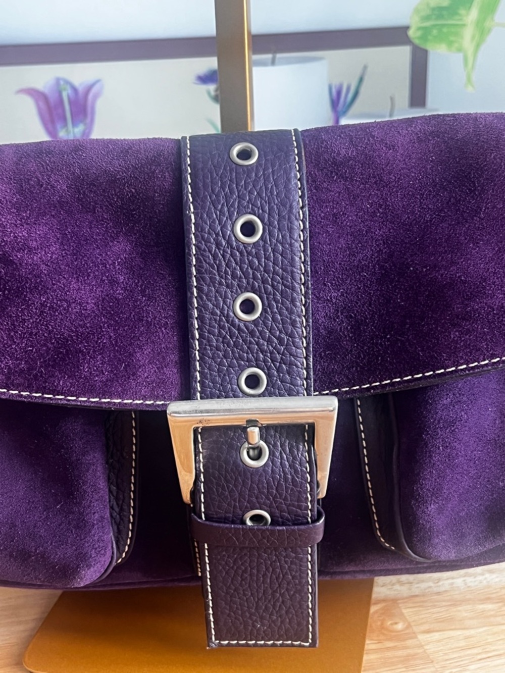 Vintage Purple Genuine Suede Leather Shoulder Bag Made In Italy - Picture 5 of 16